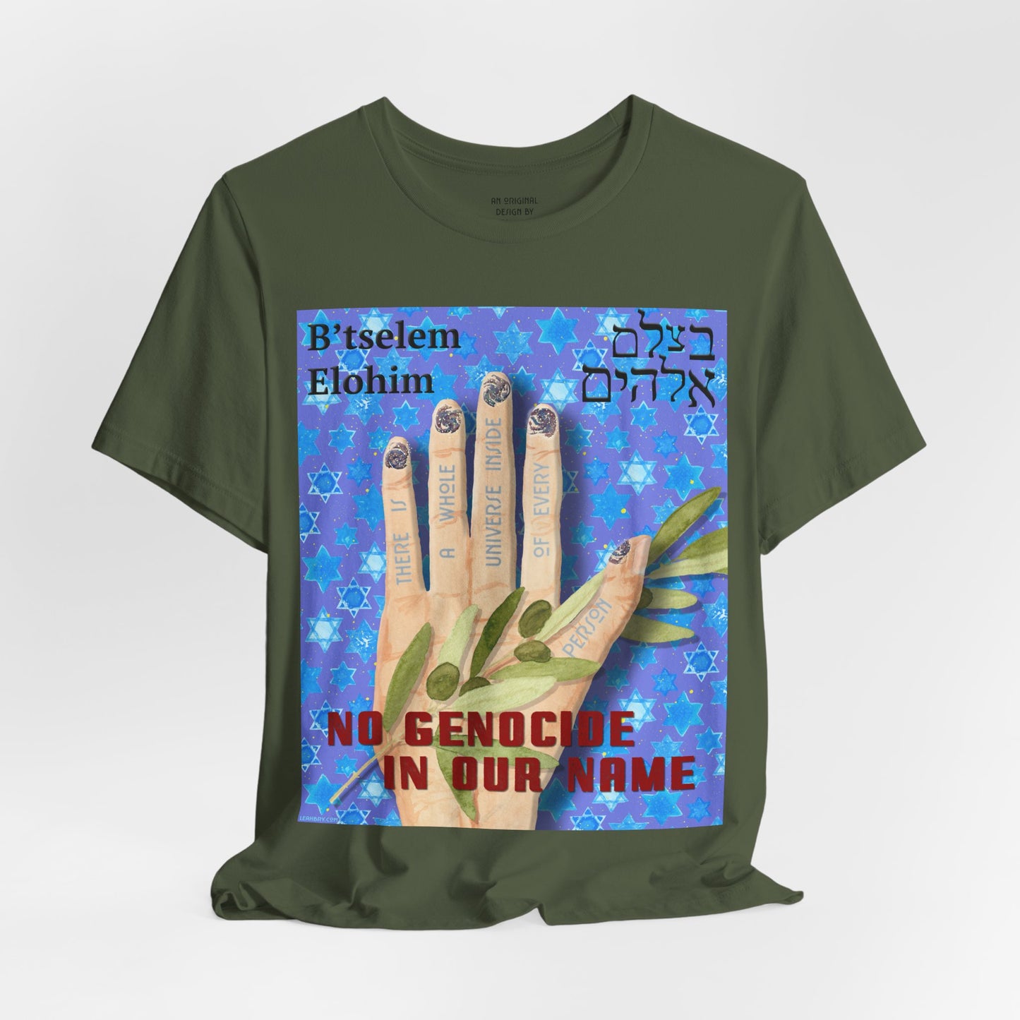 B'tselem Elohim NO GENOCIDE IN OUR NAME t-shirt