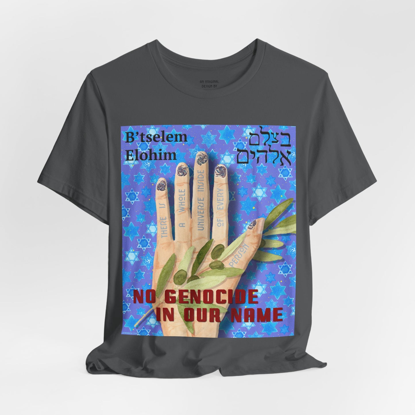 B'tselem Elohim NO GENOCIDE IN OUR NAME t-shirt