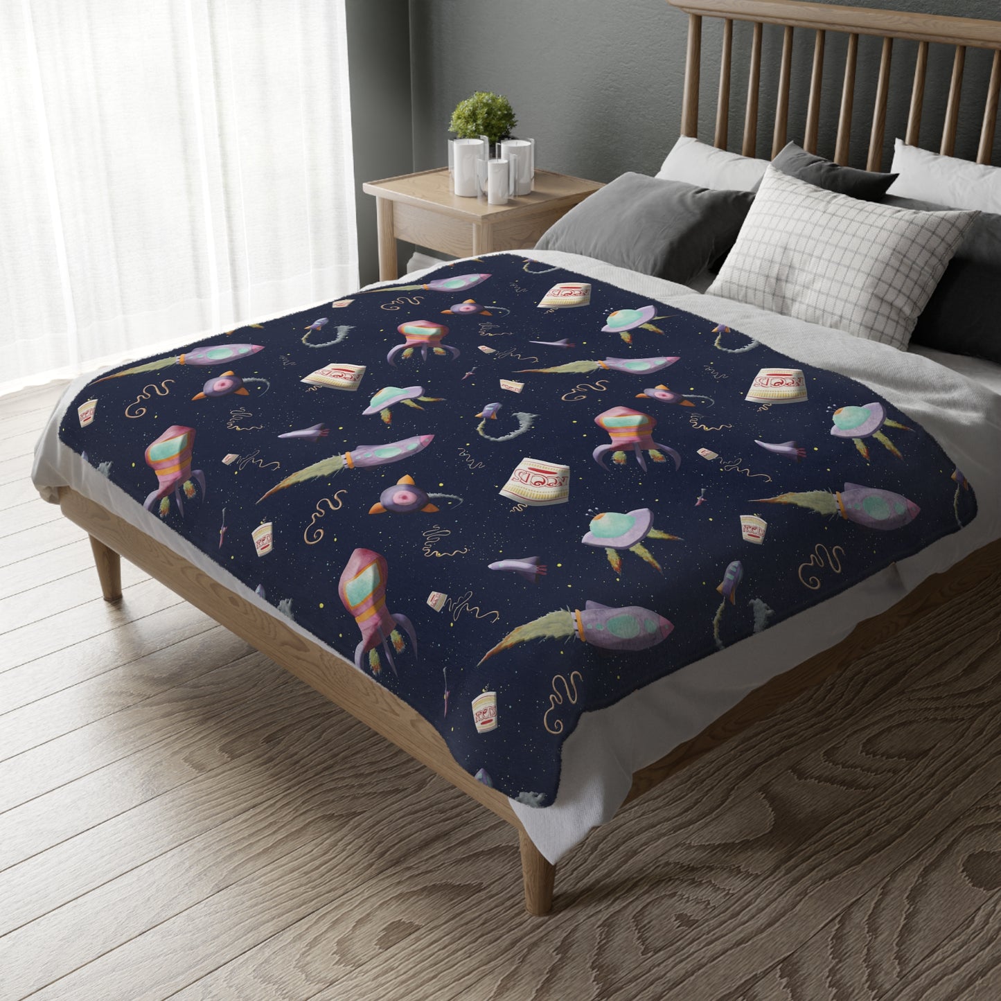 Purple Rocket Ships and Cup a Noodles Blanket