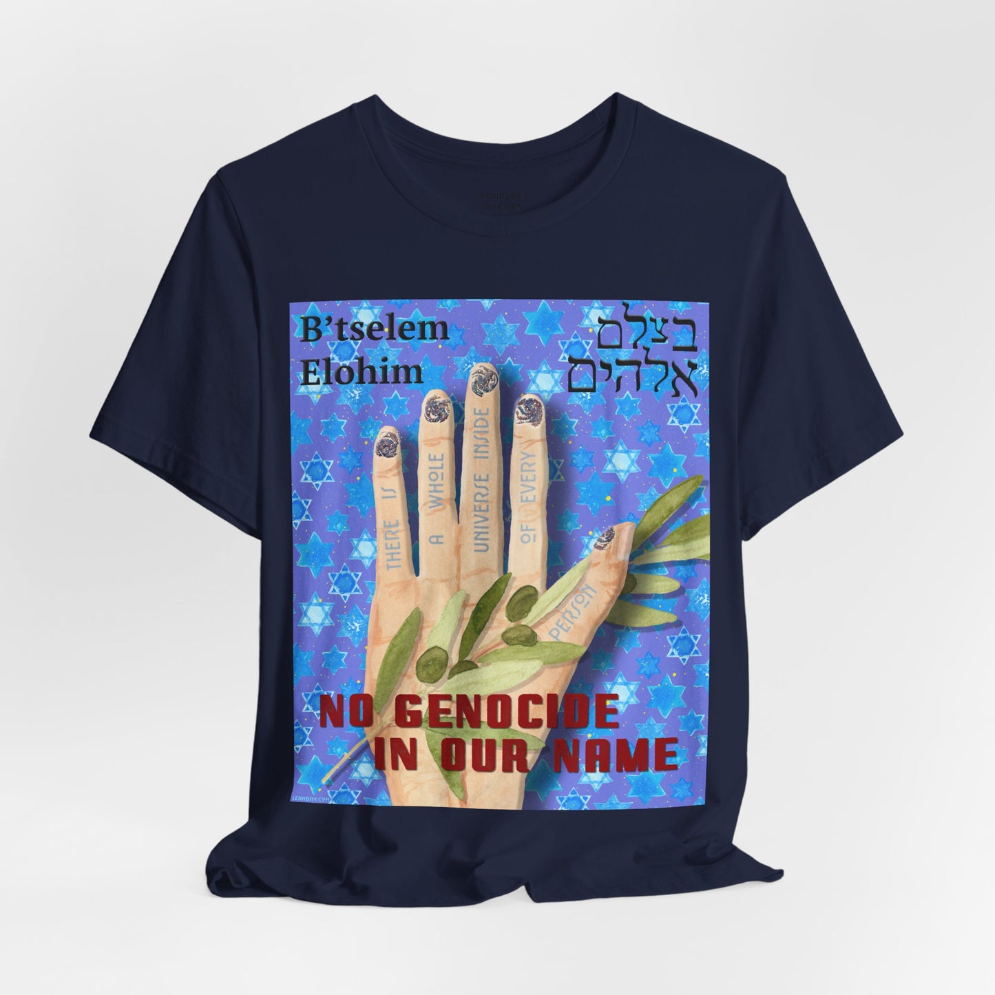 B'tselem Elohim NO GENOCIDE IN OUR NAME t-shirt