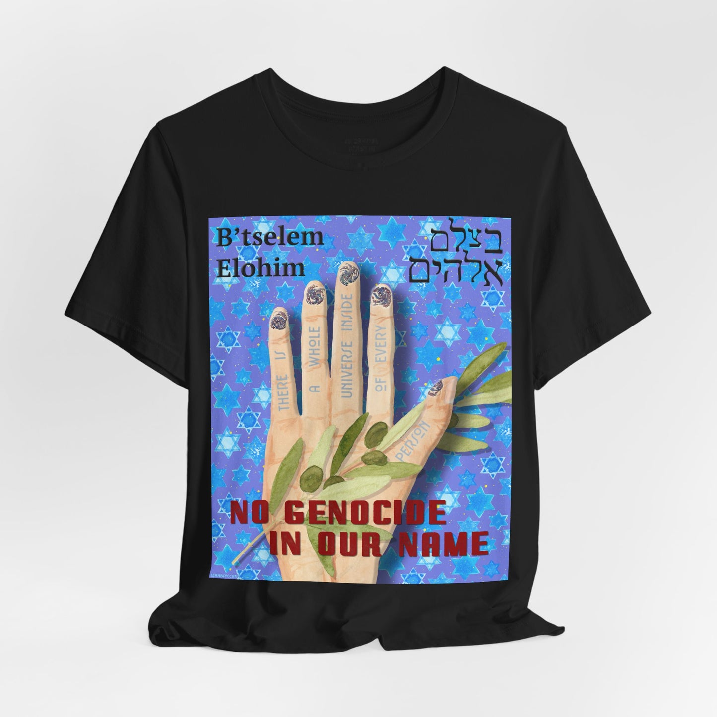B'tselem Elohim NO GENOCIDE IN OUR NAME t-shirt